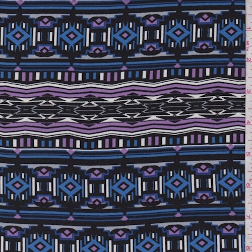 Bright Blue/Lilac/Black Southwest Stripe Rayon Challis Fabric By the Yard