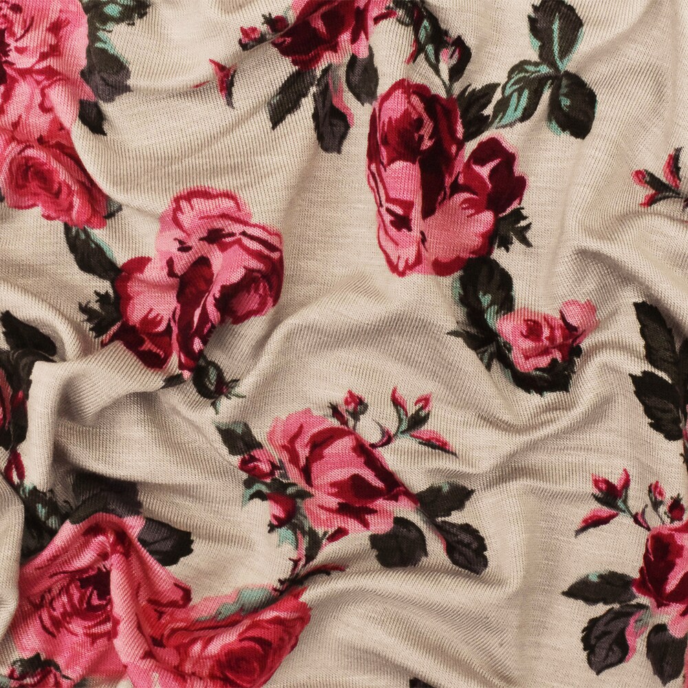 Taupe-Pink-Multi Floral Printed Stretch Rayon Spandex Jersey Knit Fabric By the Yard