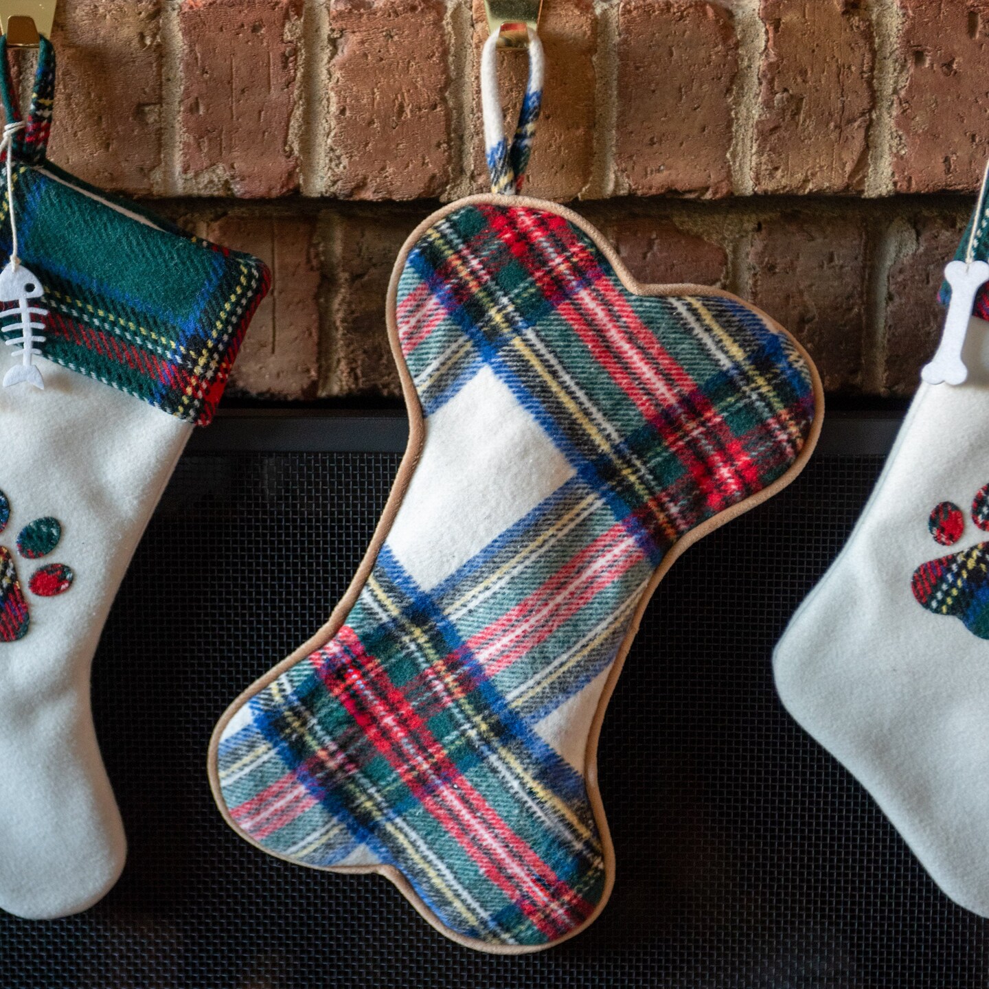 Faux Mohair Plaid Dog Bone Christmas Stocking
