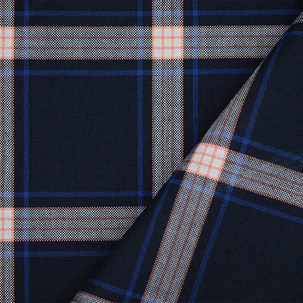 Deep Navy-Orange-Multi Polyester Wool Plaid Shirting Woven Fabric By the Yard