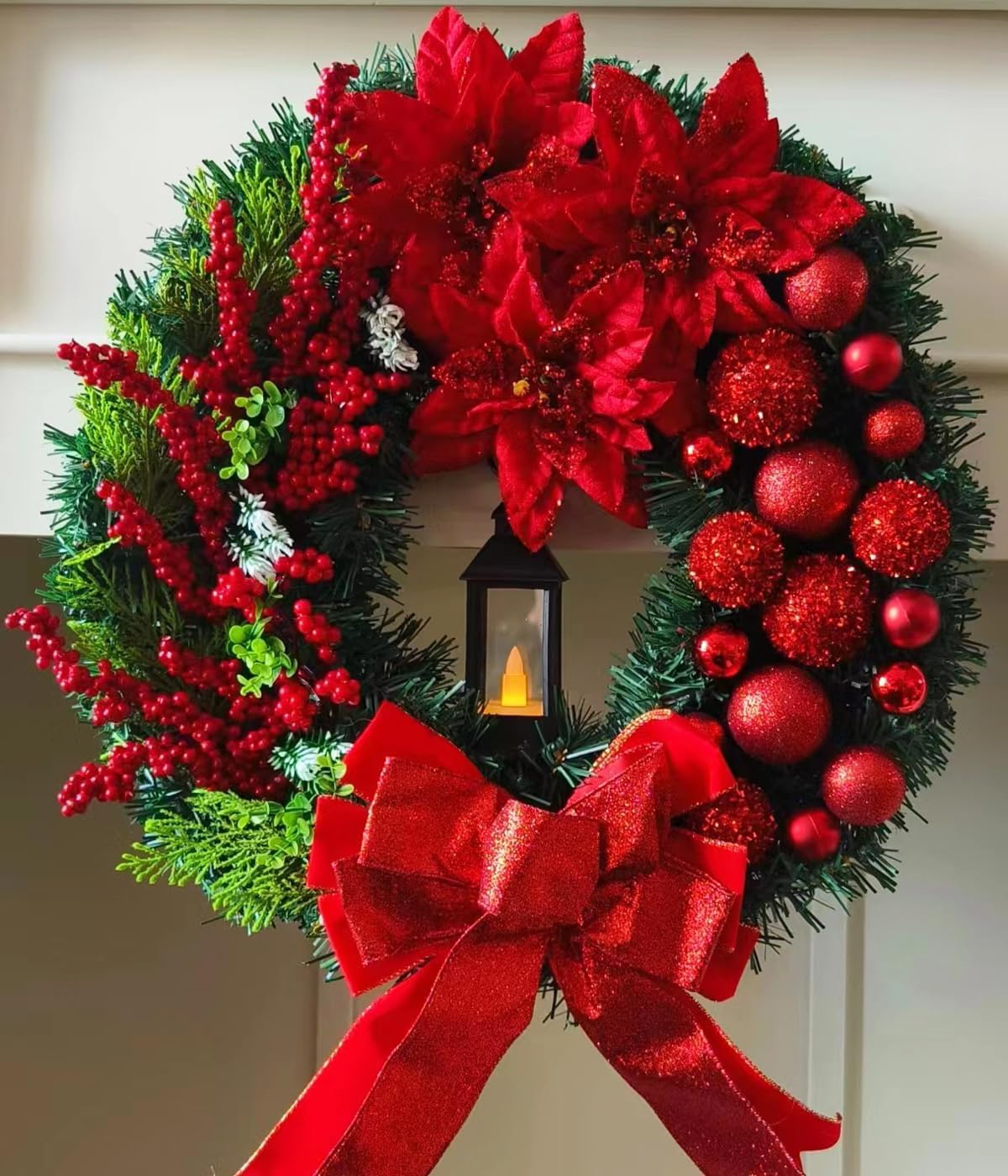 Pre-Lit Christmas Wreath With Lights (Red) 4"D x 17.6"W x 17.6"H