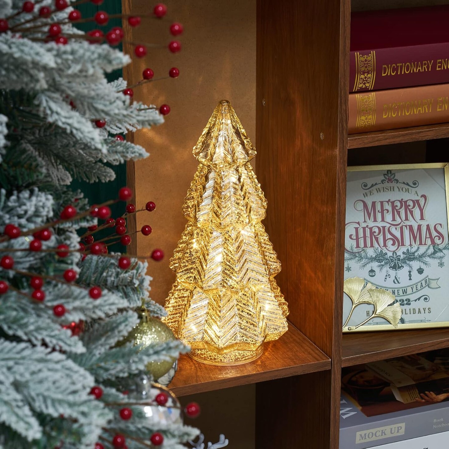 Tabletop Christmas Tree Timer Lighted 12 Inches Silver Mercury Glass Xmas Trees Decorations Table Centerpiece Mantel Window Home Decor