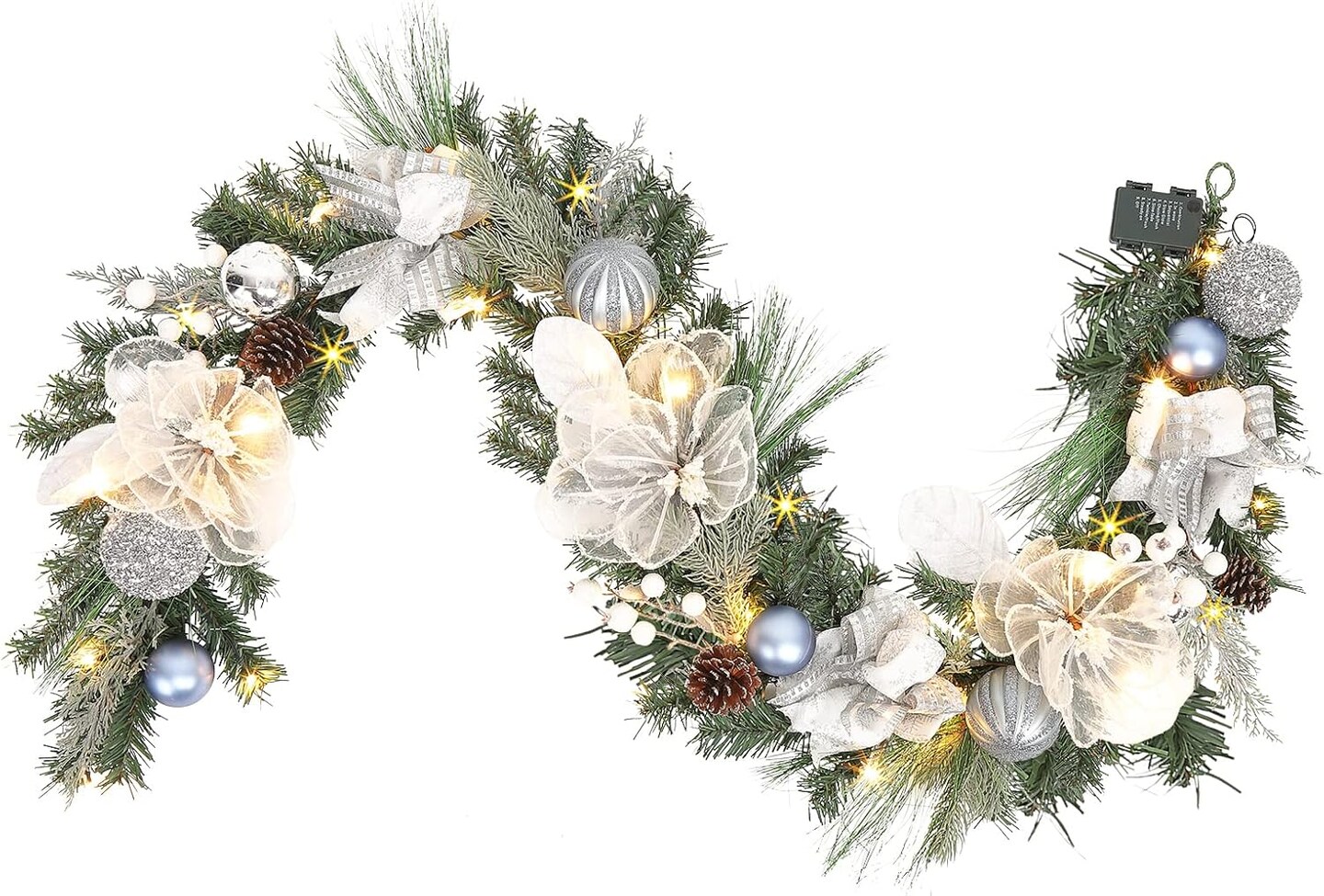 Pre-lit 6 feet Winter White Silver Christmas Garland Decor 20 LED Lights,Garland with Balls and Ribbon Bow,Xmas Decoration on Mantle Fireplace Front Door Indoor Outdoor,Battery Operated