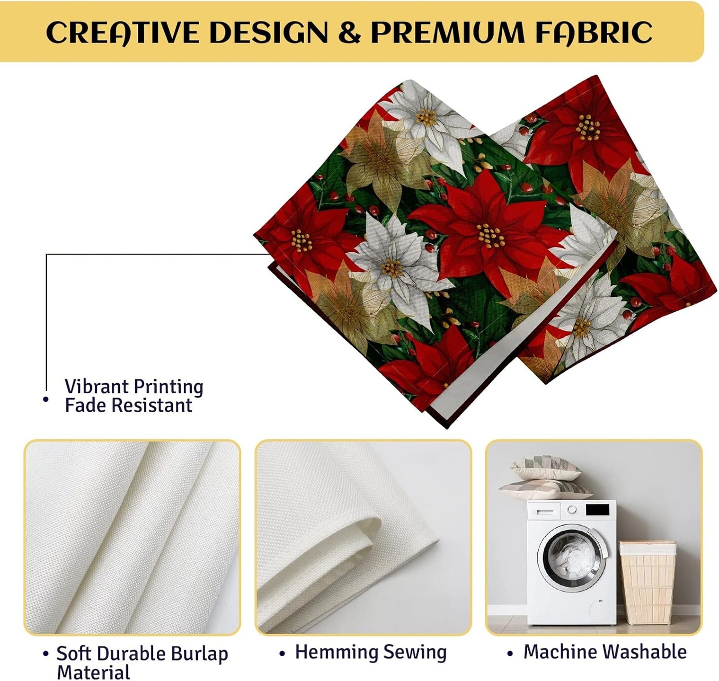 Christmas Poinsettia Table Runner, Xmas Winter Small Burlap Table Runners Seasonal Holiday Burlap Kitchen Dinning