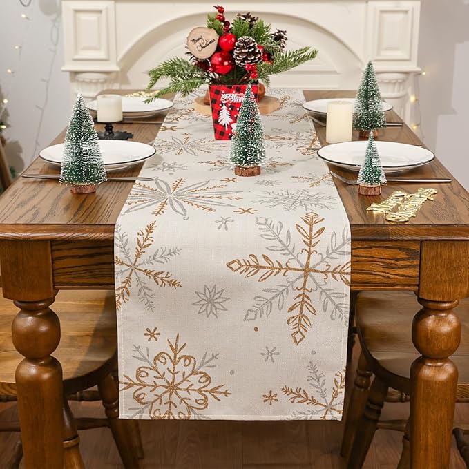 Snowflake Decorations Christmas Runner for Table Seasonal Chriatmas Winter Holiday Decor for Indoor Outdoor Dining Table Decorations (13&#x22; x 72&#x22;)