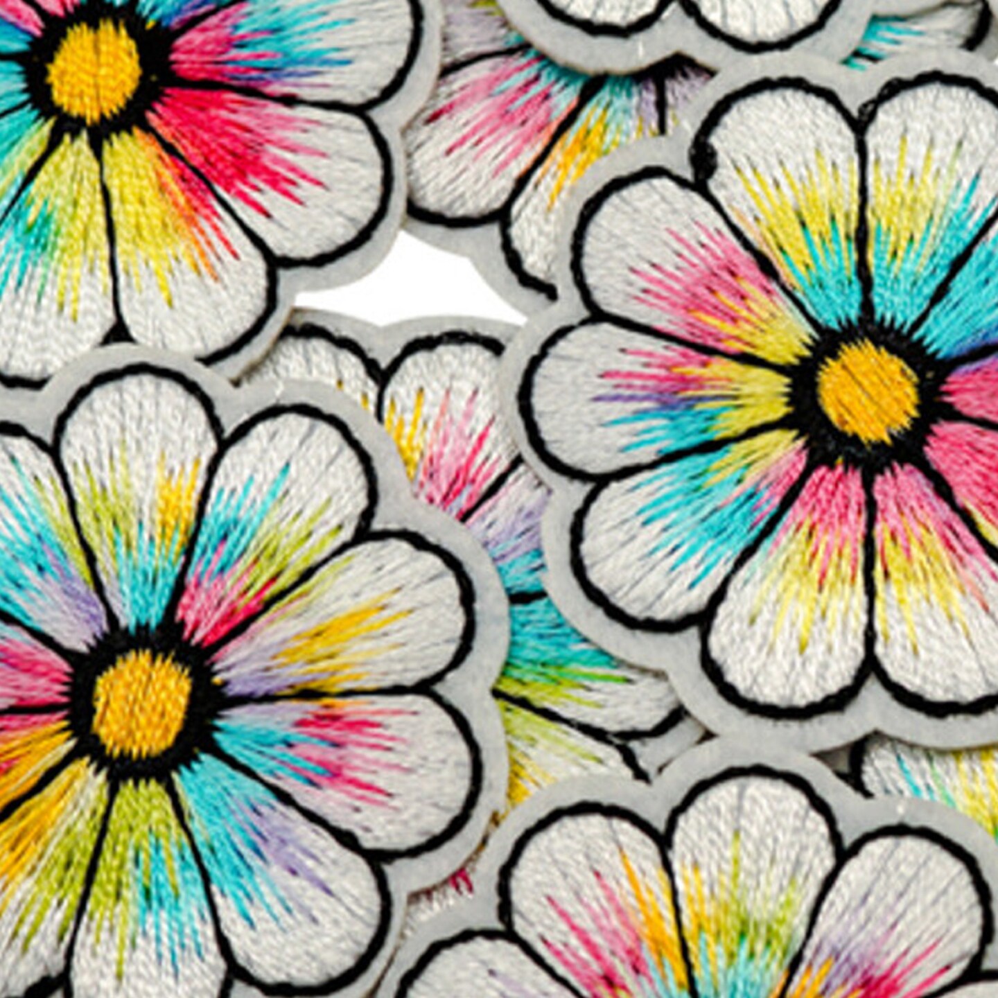 1 1/2&#x22; Rainbow Colored Daisy Flower Embroidery Iron On Heat Transfer Patch Pack of 72