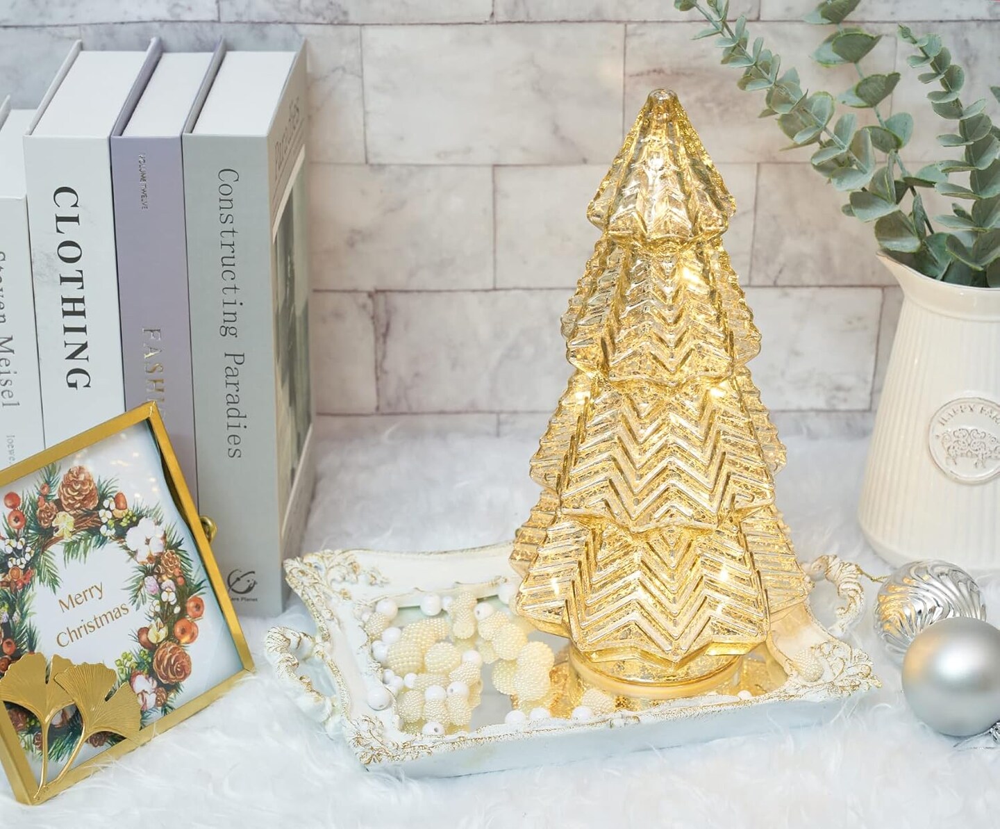 Tabletop Christmas Tree Timer Lighted 12 Inches Silver Mercury Glass Xmas Trees Decorations Table Centerpiece Mantel Window Home Decor