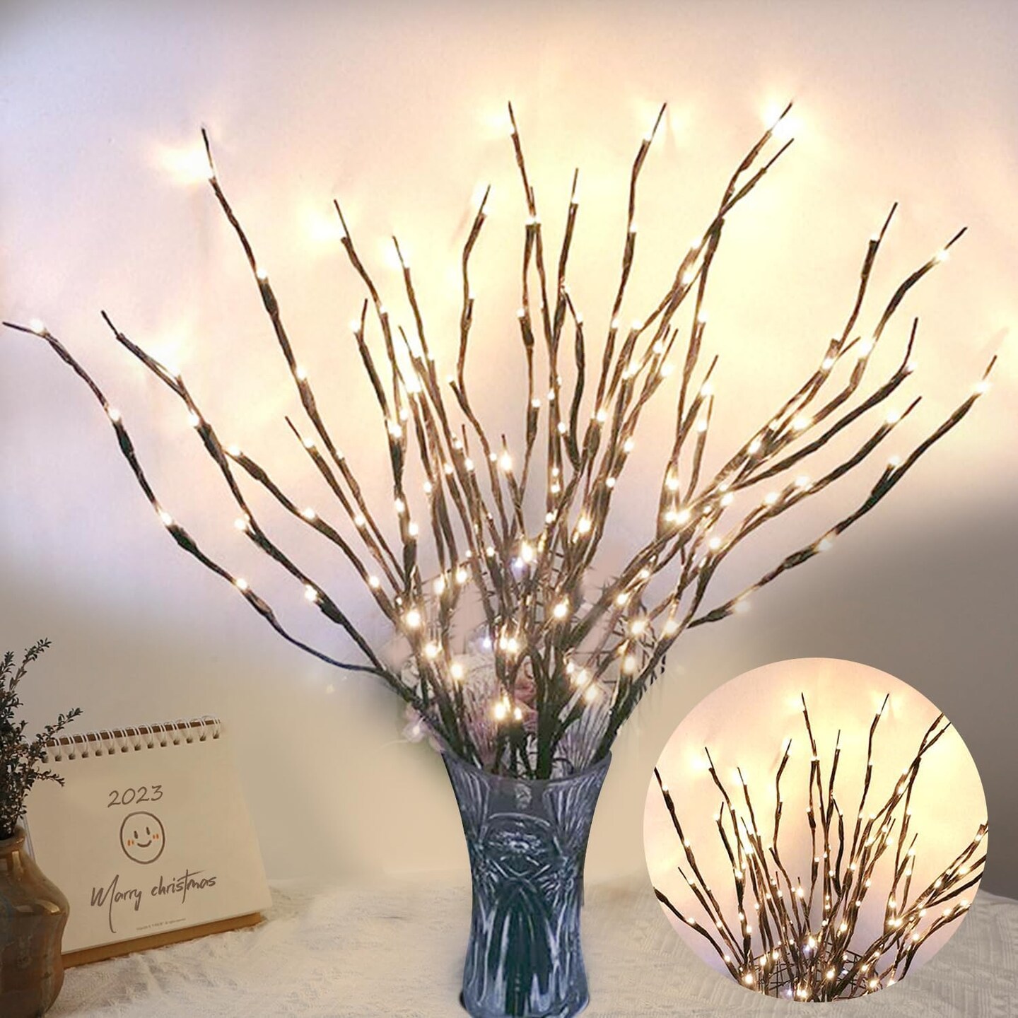 4 Pack Led Branch Light Battery Operated Lighted Branch Vase Filler Willow Tree Artificial Little Twig Power Brown 30 Inch 20 LED for Home Romantic Decoration, White