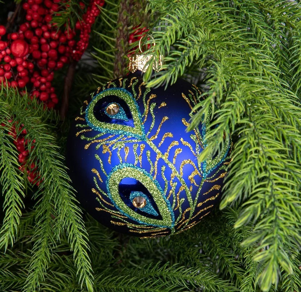 Peacock Feather Blue Christmas Glass Ball Ornament Bauble Made in Ukraine 3&#x22;