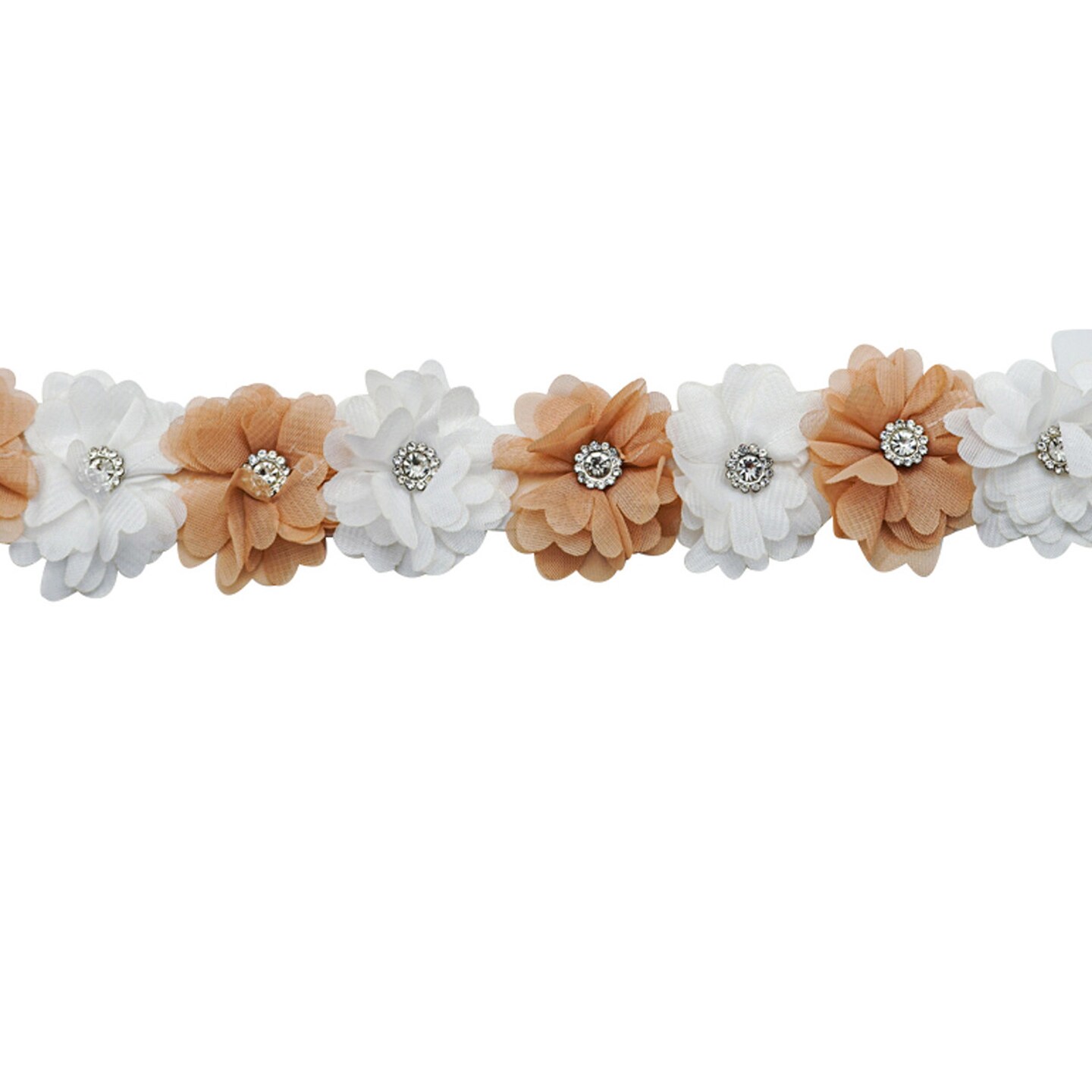 2" x 10 Yards Tan and White 3D Flower Rhinestone Organza Trim
