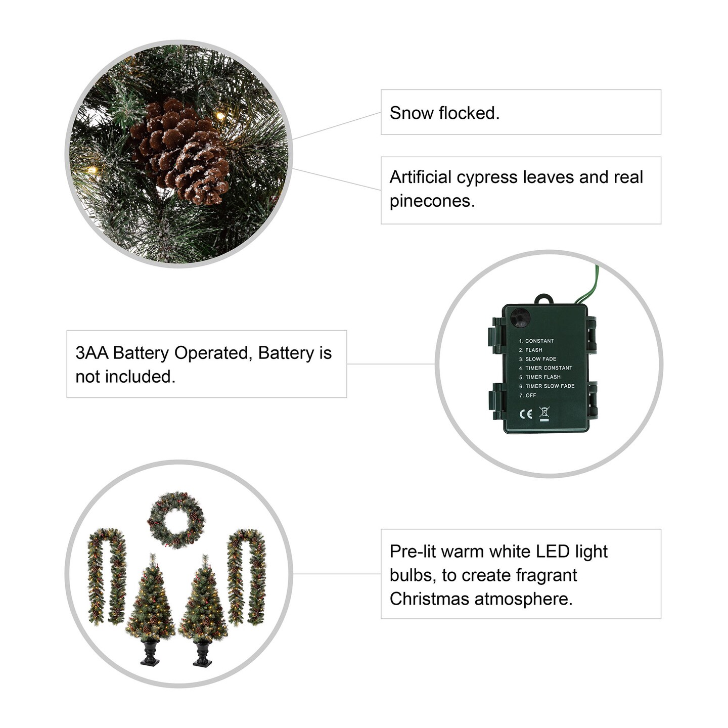 Set of 5 24&#x22;D Pre-Lit Glittered Pine Cone Christmas Wreath &#x26; 9FT Garland &#x26; 4FT Porch Tree Set