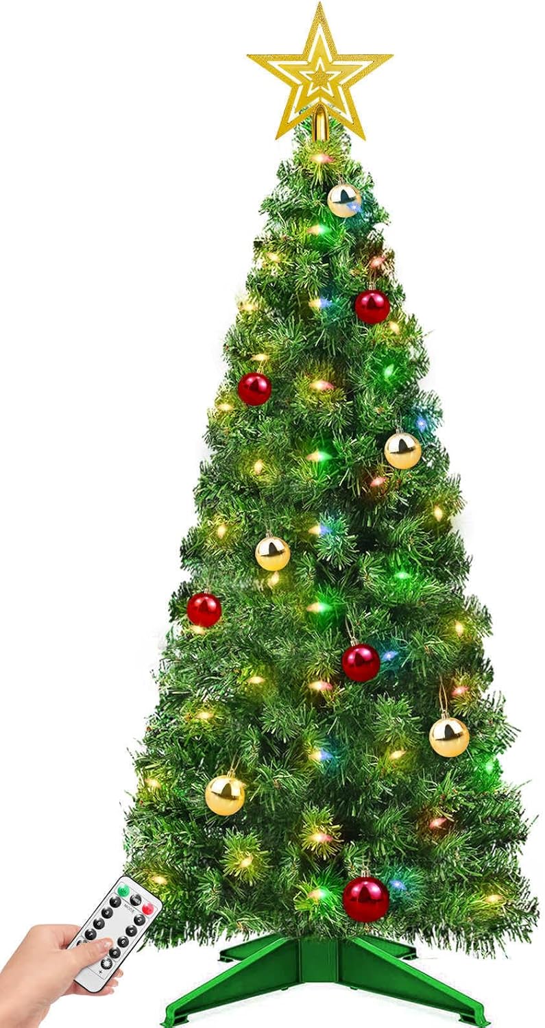 4 Ft Christmas Tree Remote Control 8 Modes Dual Color Change Timer 100 Warm White&#x26;Colored Lights 18 Christmas Ball Ornaments 3D Star Battery Operated Small Xmas Tree Table Indoor Holiday Party Decor