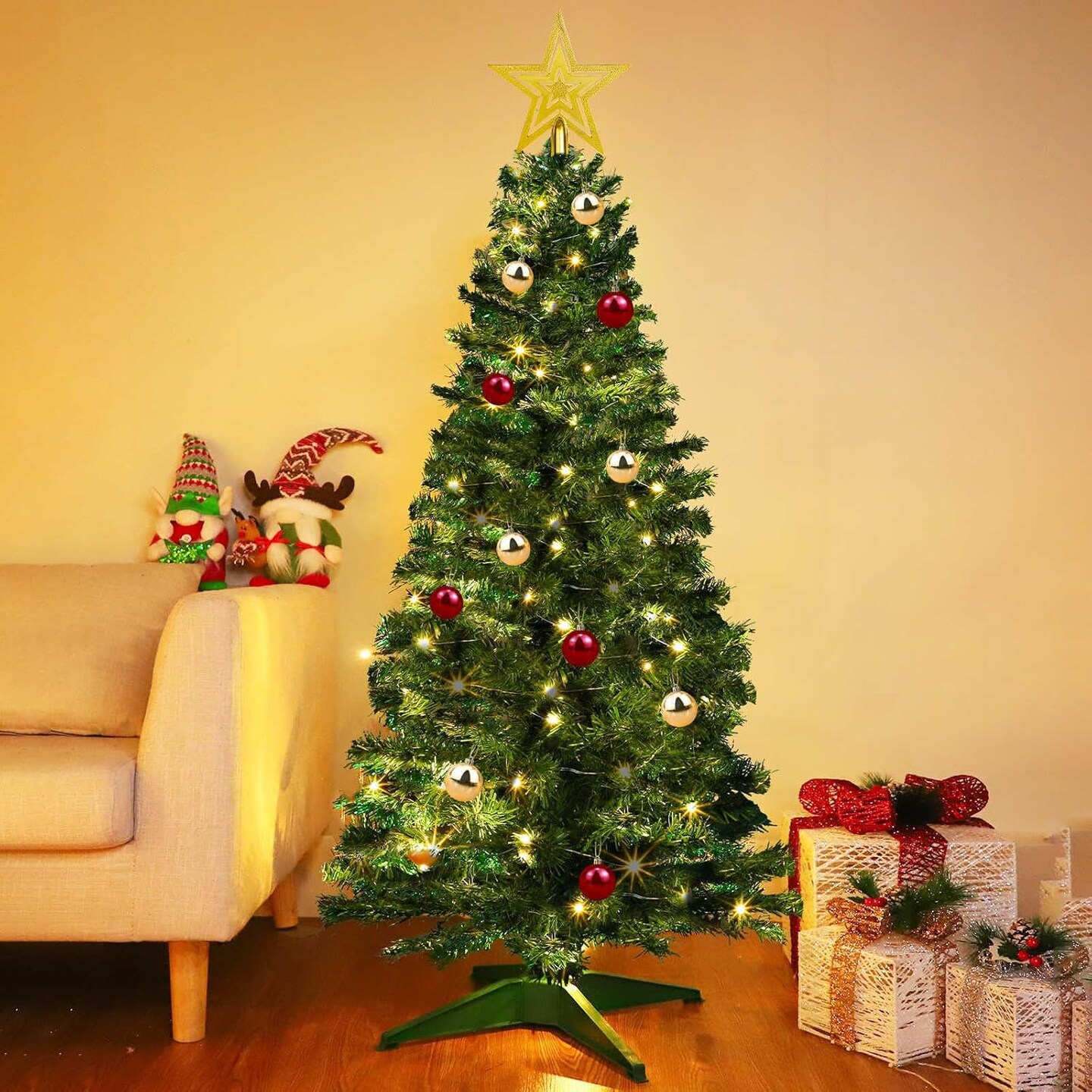 4 Ft Christmas Tree Remote Control 8 Modes Dual Color Change Timer 100 Warm White&#x26;Colored Lights 18 Christmas Ball Ornaments 3D Star Battery Operated Small Xmas Tree Table Indoor Holiday Party Decor