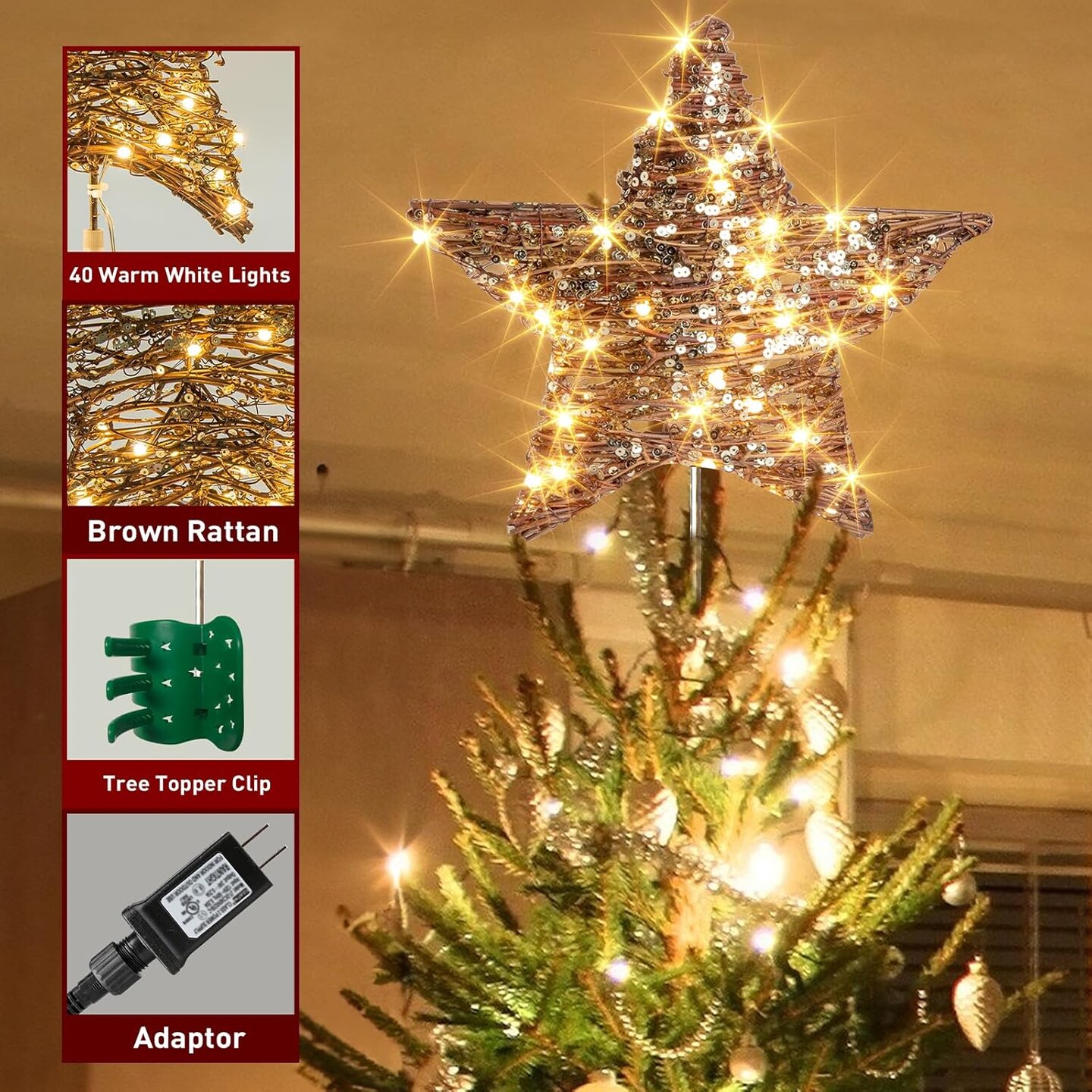 13.37&#x201D; 40 LED Christmas Rattan Tree Topper, Indoor Rustic Natural Star Treetop