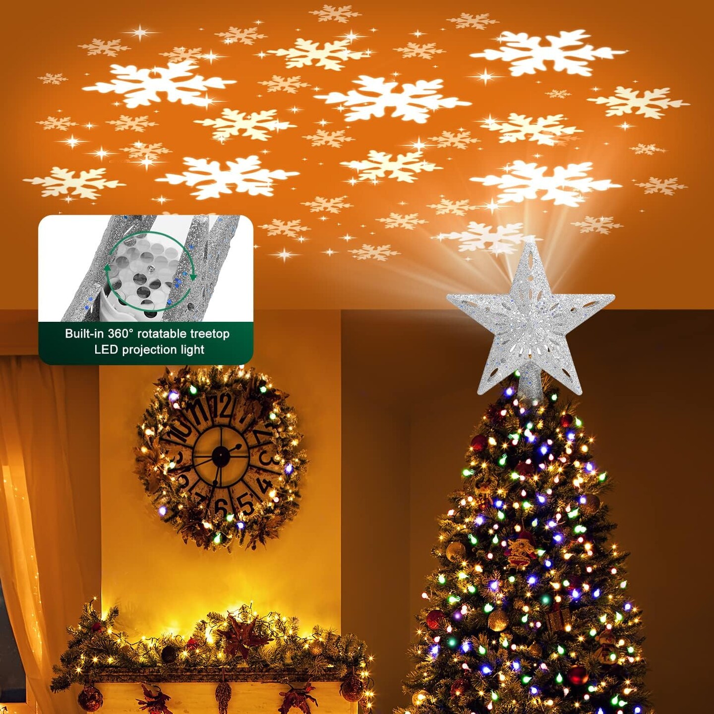 Christmas Tree Topper Lighted with 6 Projection Modes,Christmas Star Tree Topper Built-in LED Rotating Lights,Silver 3D Glitter Dynamic Projection for Xmas Party Holiday Decorations