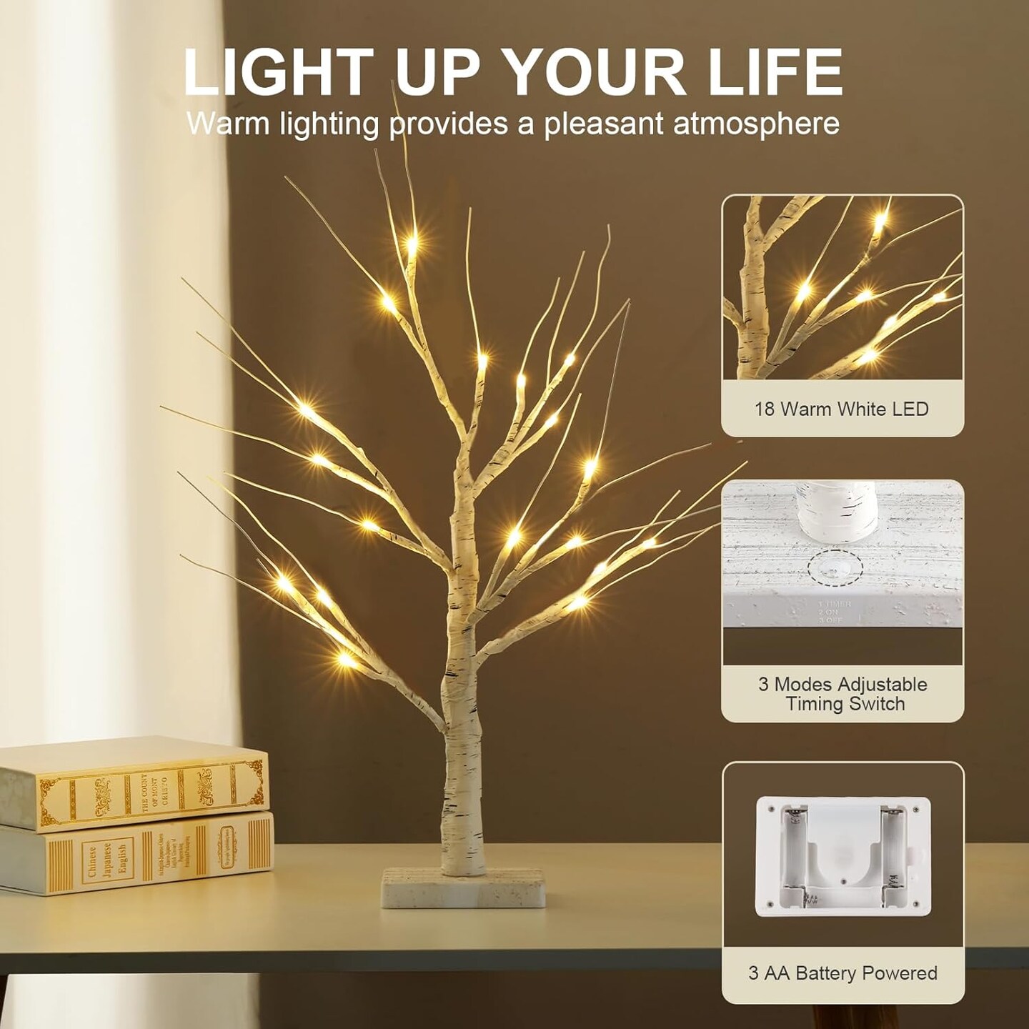 2 Pack 24” 2FT Lighted Birch Tree with 18LT Warm White LEDs, Christmas Decorations Indoor Battery Powered Timer, Money Tree for Winter Party Wedding Table Mantel Home Easter Decor