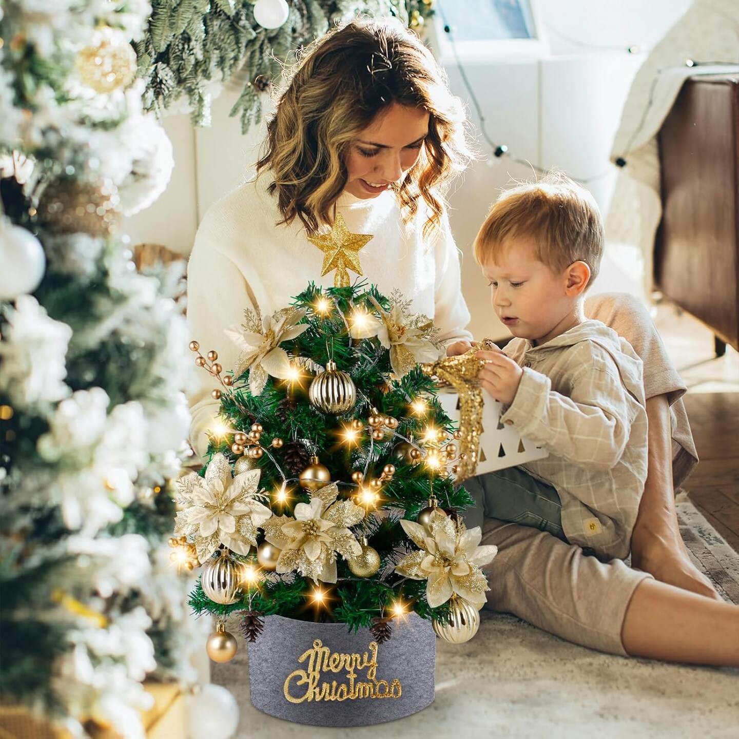 Mini Christmas Tree with Lights: 2ft Small Christmas Tree, Tabletop Artificial Xmas Tree with Star Treetopper, LED String Light & Hanging Ornaments, for Desk Christmas Decors Home Office Party