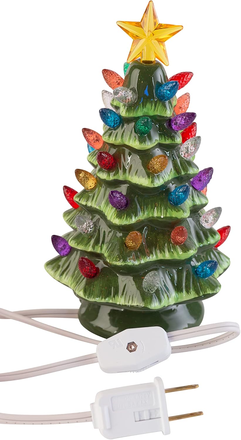Small Vintage Ceramic Christmas Tree with Multi-Color Lights and Clip in Cord - 6.75" Tabletop Tree