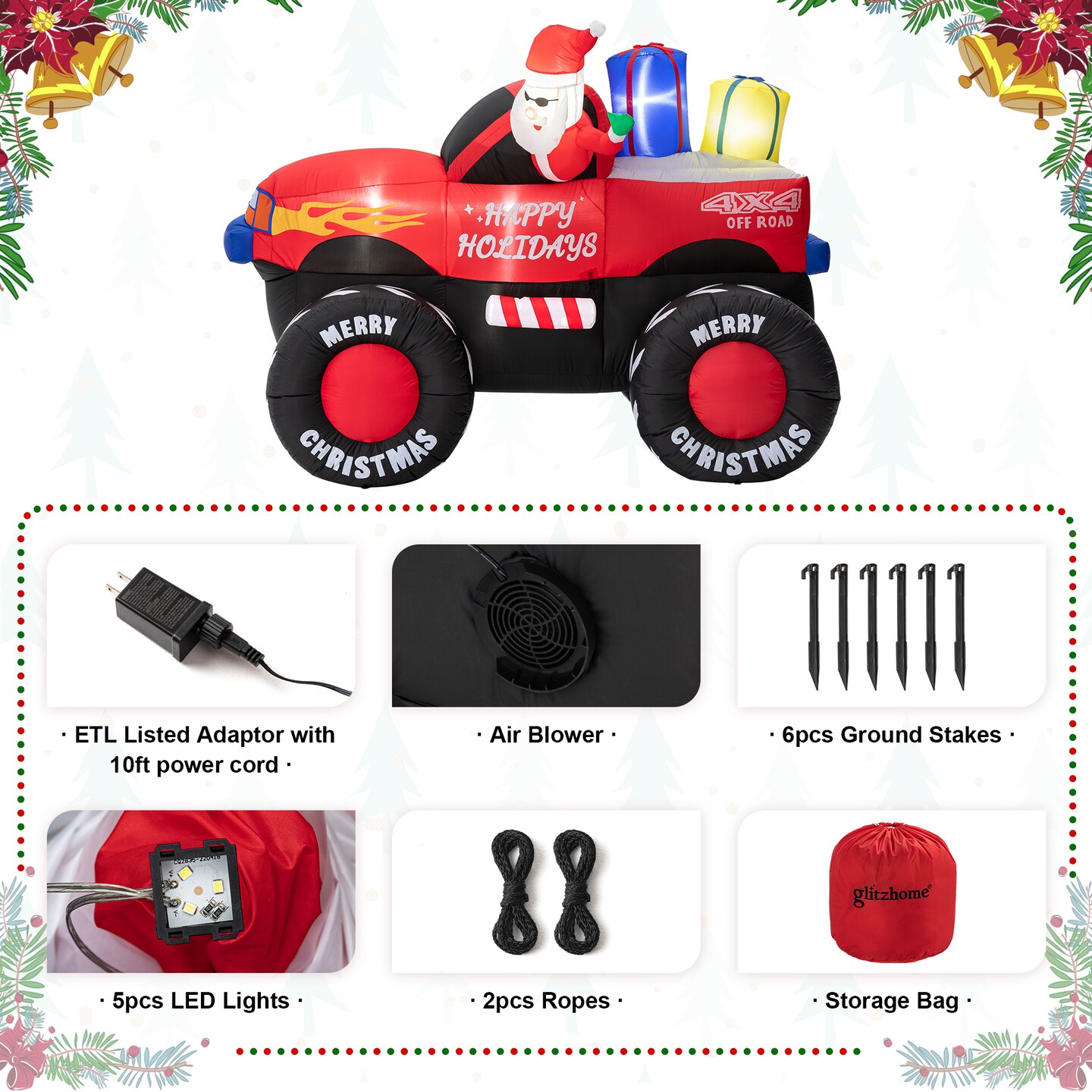 7FT Lighted Santa Claus On Pick Up Off-road Vehicle Inflatable Decor
