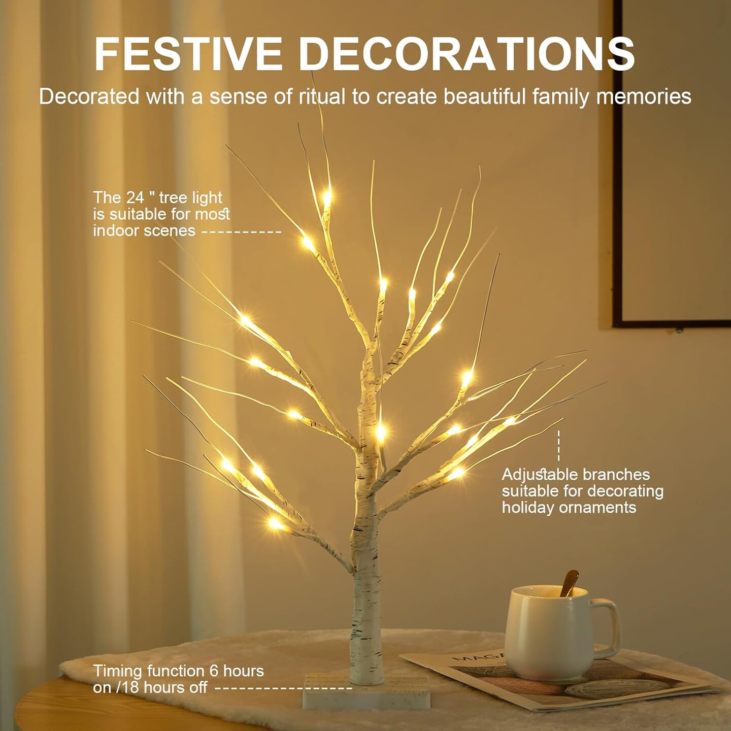 2 Pack 24” 2FT Lighted Birch Tree with 18LT Warm White LEDs, Christmas Decorations Indoor Battery Powered Timer, Money Tree for Winter Party Wedding Table Mantel Home Easter Decor