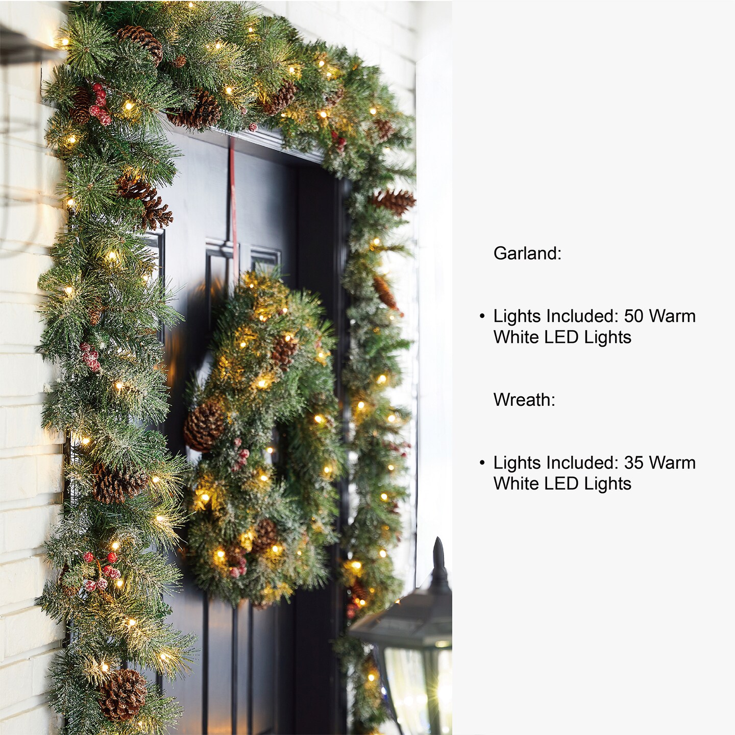 Set of 5 24&#x22;D Pre-Lit Glittered Pine Cone Christmas Wreath &#x26; 9FT Garland &#x26; 4FT Porch Tree Set