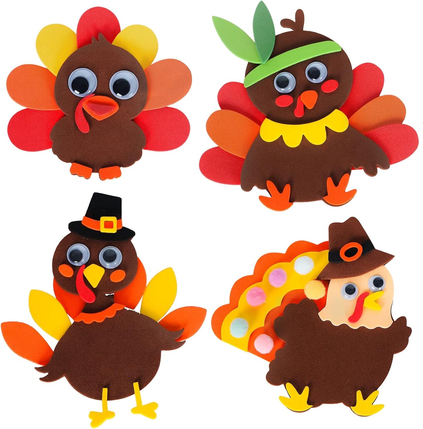 8Pcs Fall Thanksgiving Foam Turkey Magnet Craft Kit Autumn Refrigerator Magnets with Colorful Pompoms for Kids Adults DIY Craft Home Party Decorations
