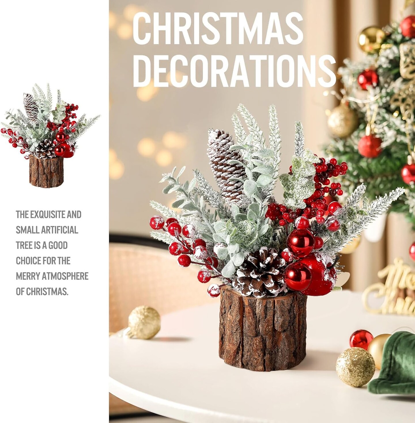 Small Tabletop Christmas Tree with Ornaments, Pine Cones, and Berries - For Home Decor