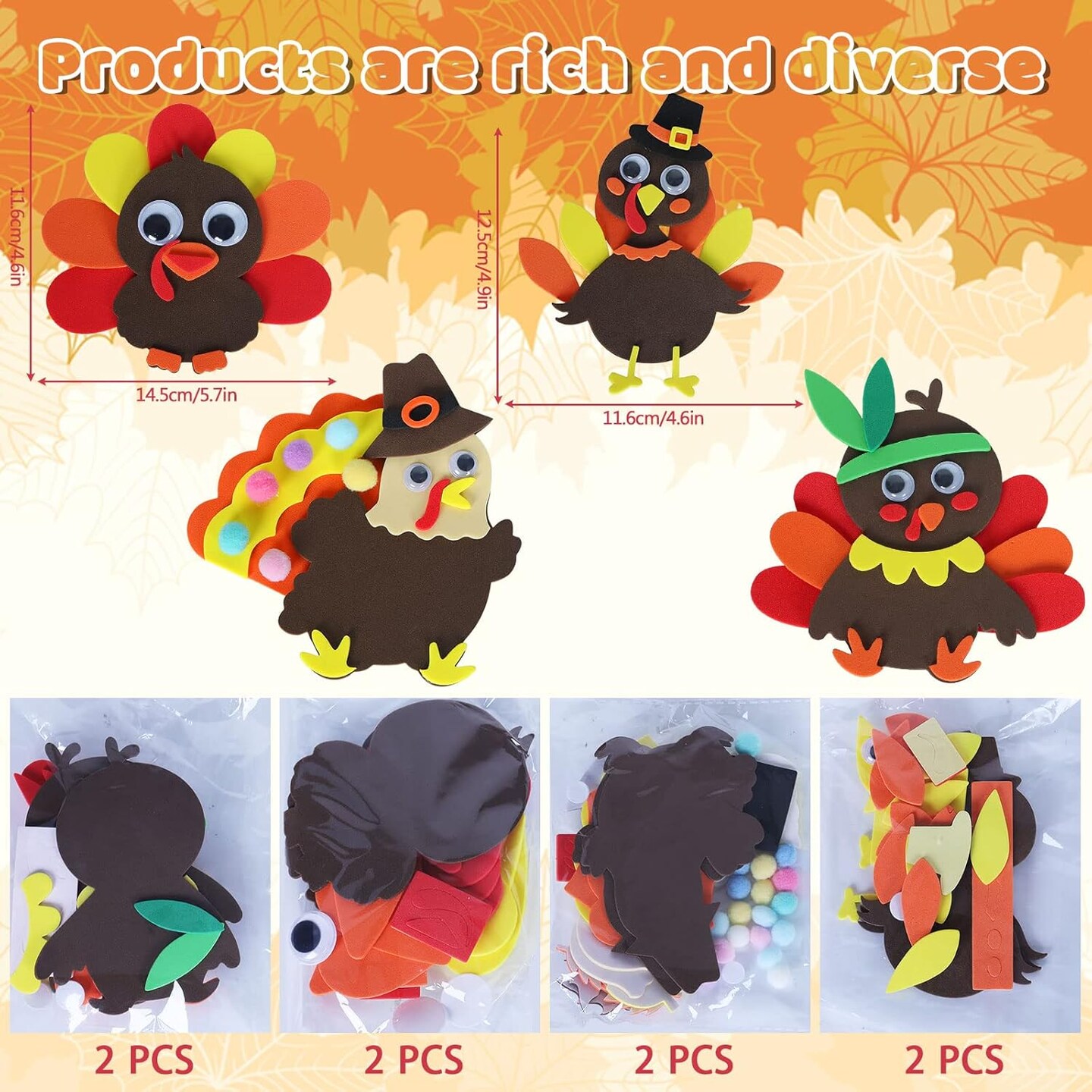 8Pcs Fall Thanksgiving Foam Turkey Magnet Craft Kit Autumn Refrigerator Magnets with Colorful Pompoms for Kids Adults DIY Craft Home Party Decorations