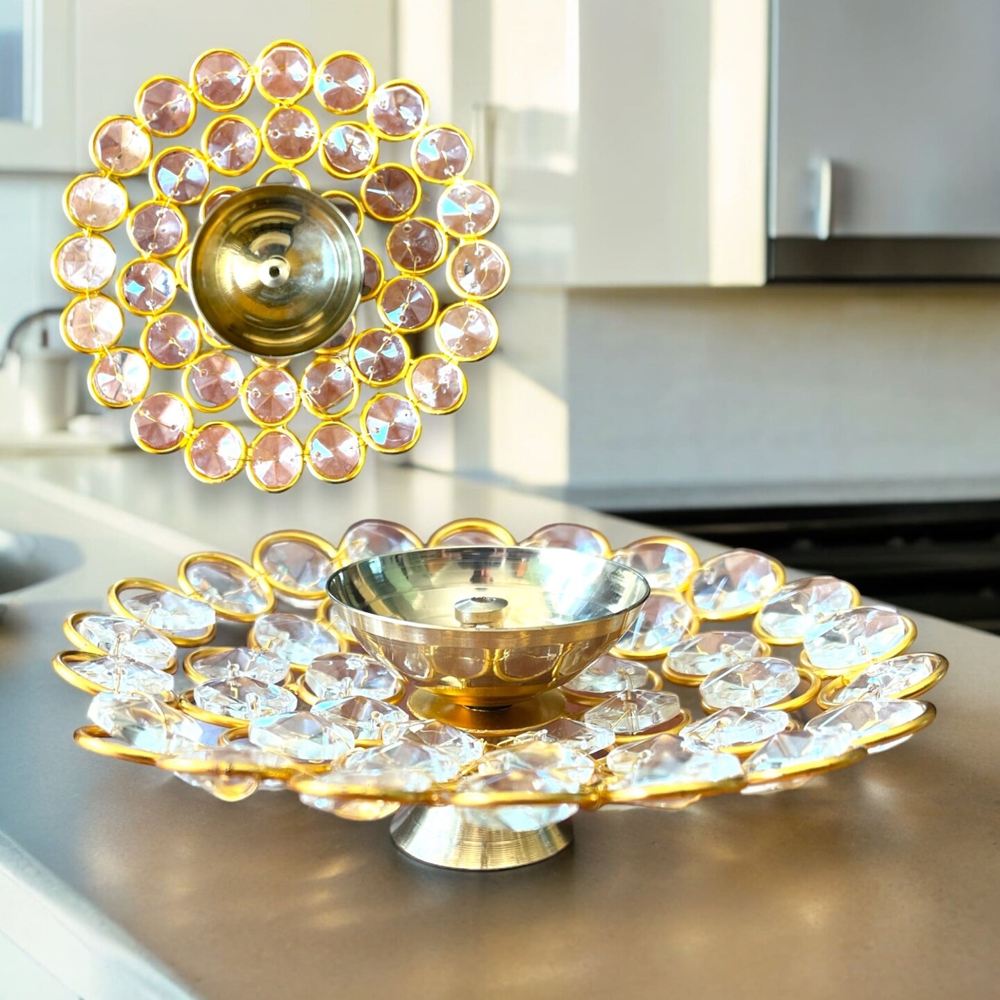 Brass Decorative Diya with Acrylic Glass Floral Design &#x2013; Diwali Diyas for Puja, Kuthu Vilakku, Home Temple Decor, Deepam, Deepawali Decoration, Lantern, Housewarming Return Gift