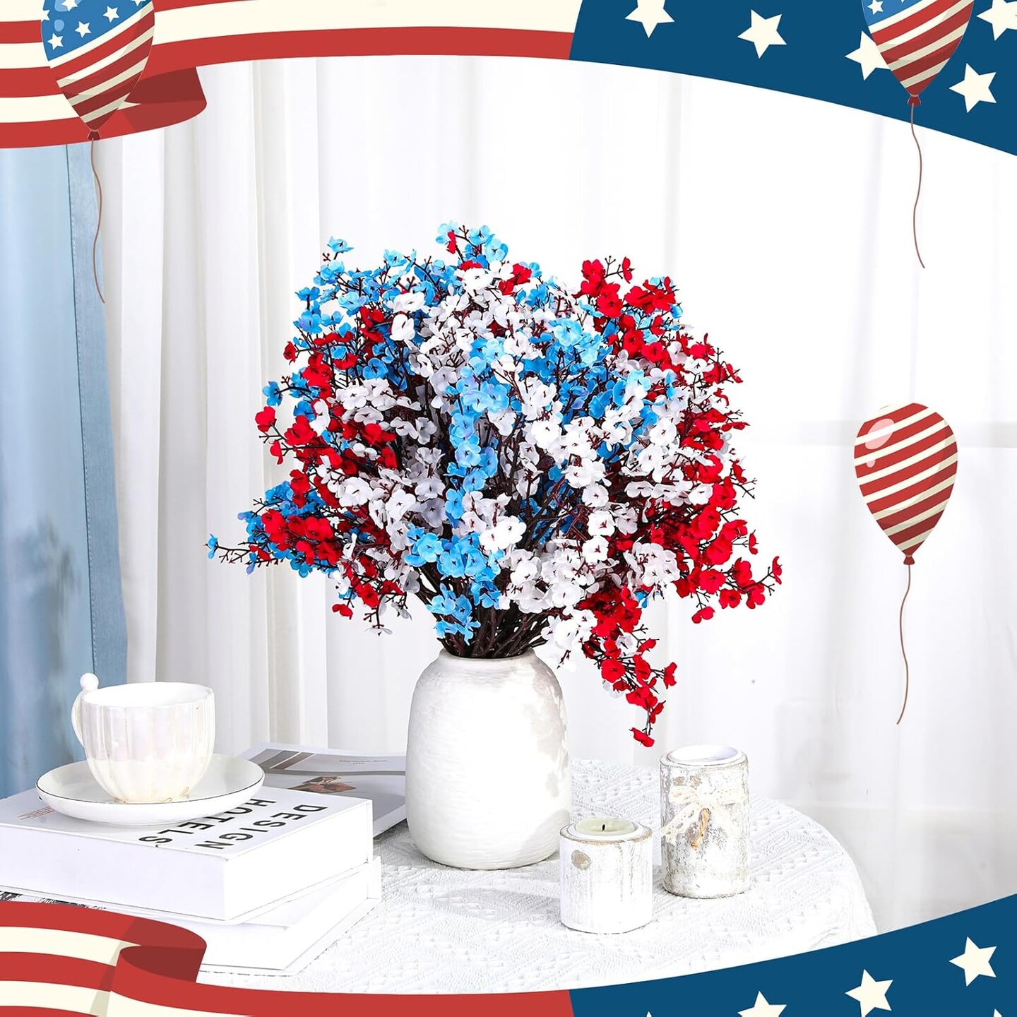 21 Pcs 4th of July Artificial Flowers, Red Blue White Patriotic Decorations Fake Flowers Home Decor Floral Arrangement for Veterans Day