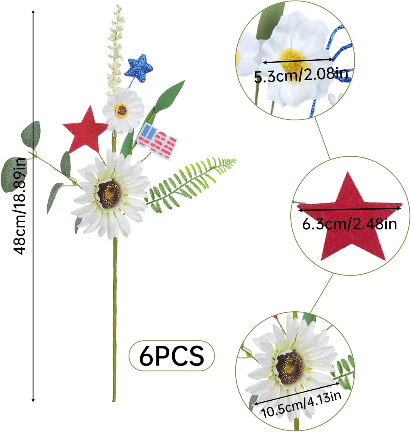 6pcs Silk Wildflower Picks for 4th of July Decorations Artificial Daisy Flowers with Blue &#x26; Red Stars Patriotic Decorations