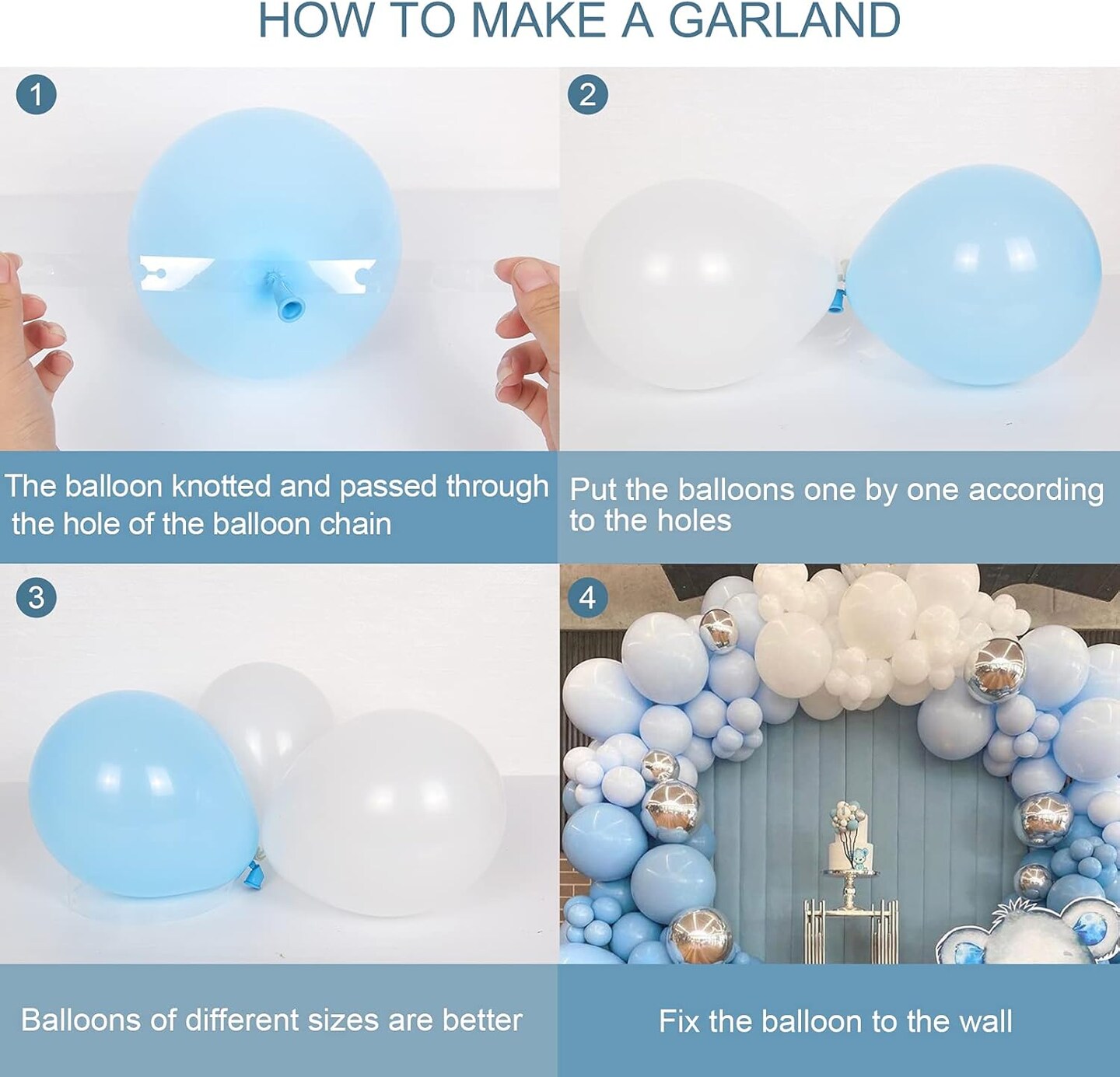 Baby Blue Balloon Garland Kit - 114pcs Macaron Blue Silver Balloon Arch with Matte Light Blue, Sky Blue and White Balloon, for Boy Birthday Wedding Elephant Baby Shower Party Decorations