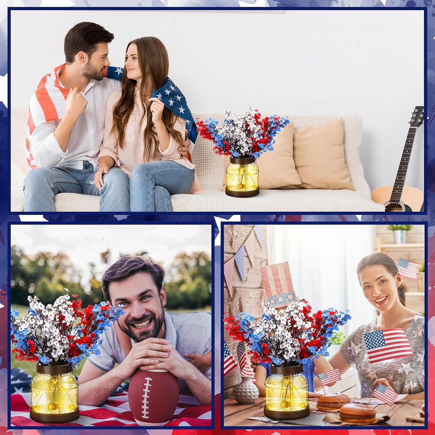 1 Set 4th of July Artificial Flowers with Glass Vase Patriotic Red Blue White Baby Breath Decoration Rustic Clear Lights Vase for Independence Day Floral Arrangement Table Centerpieces Gifts