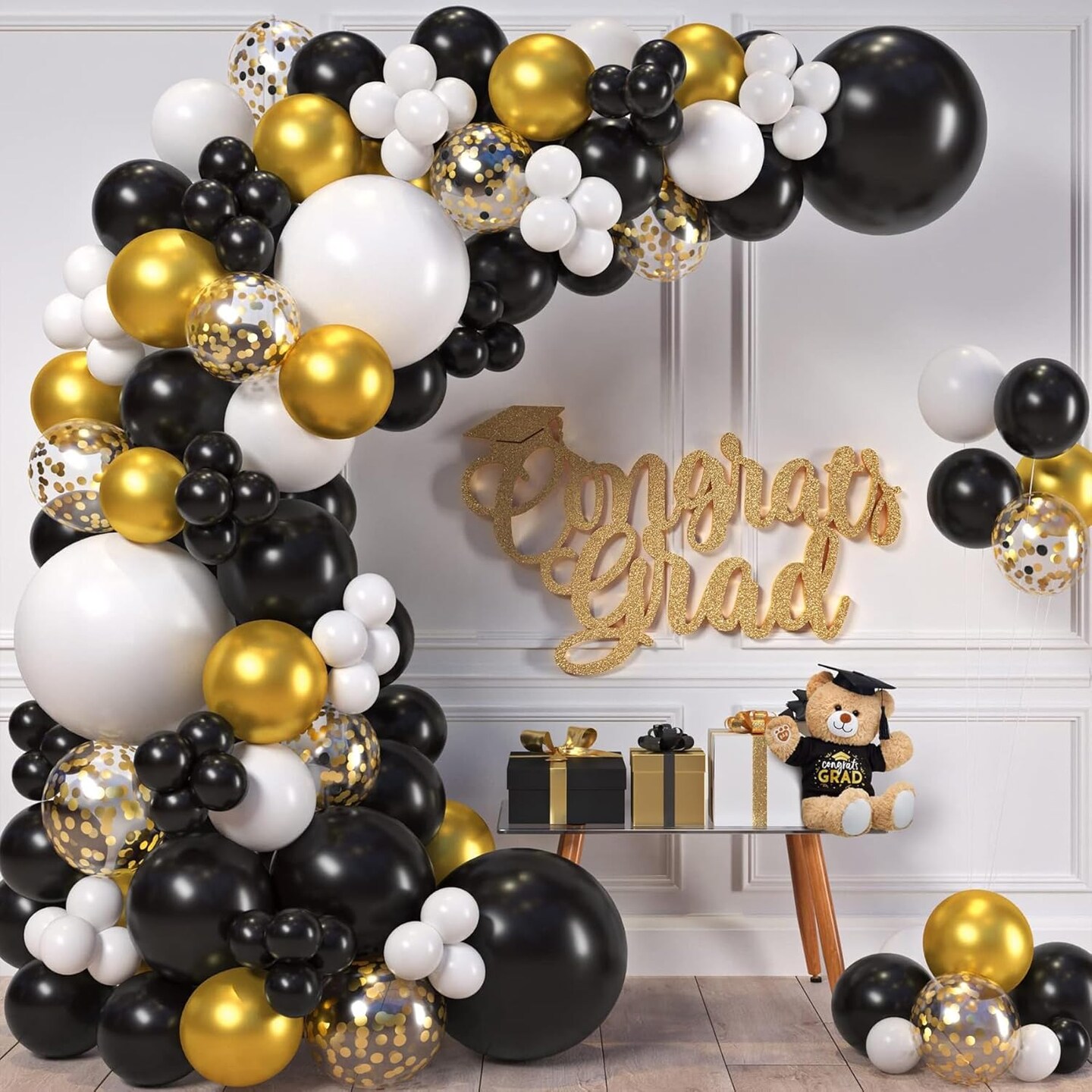 0pcs 12 Inches Black Gold Confetti Balloons Kit, Metallic Gold and Black White Party Balloons with Ribbons for Birthday, Baby Shower, Graduation, New Year Decorations