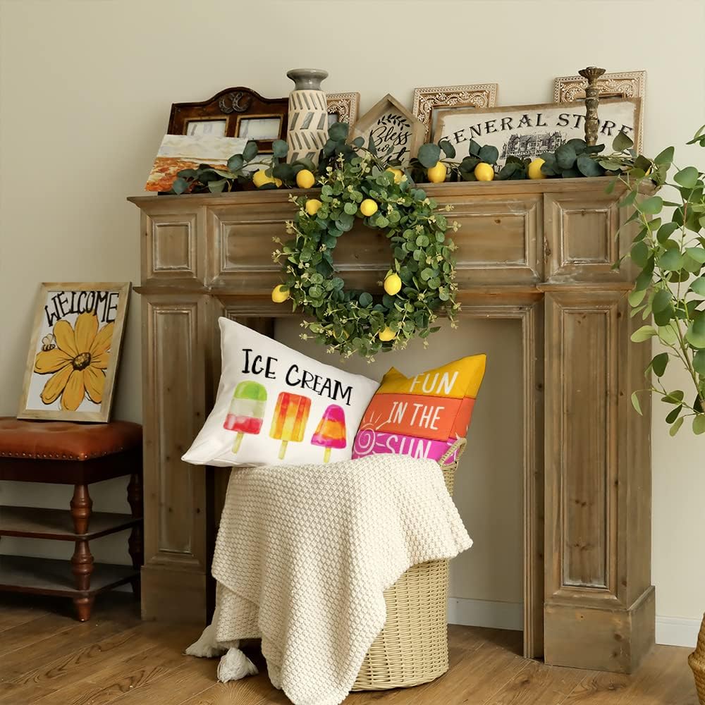 Summer Pillow Covers 18x18 Inch Set of 4 Popsicle Ice Cream Pillows Decorative Throw Pillows with Says Fun in The Sun Summer Decorations Farmhouse Decor Cushion Case for Sofa Couch G283-18