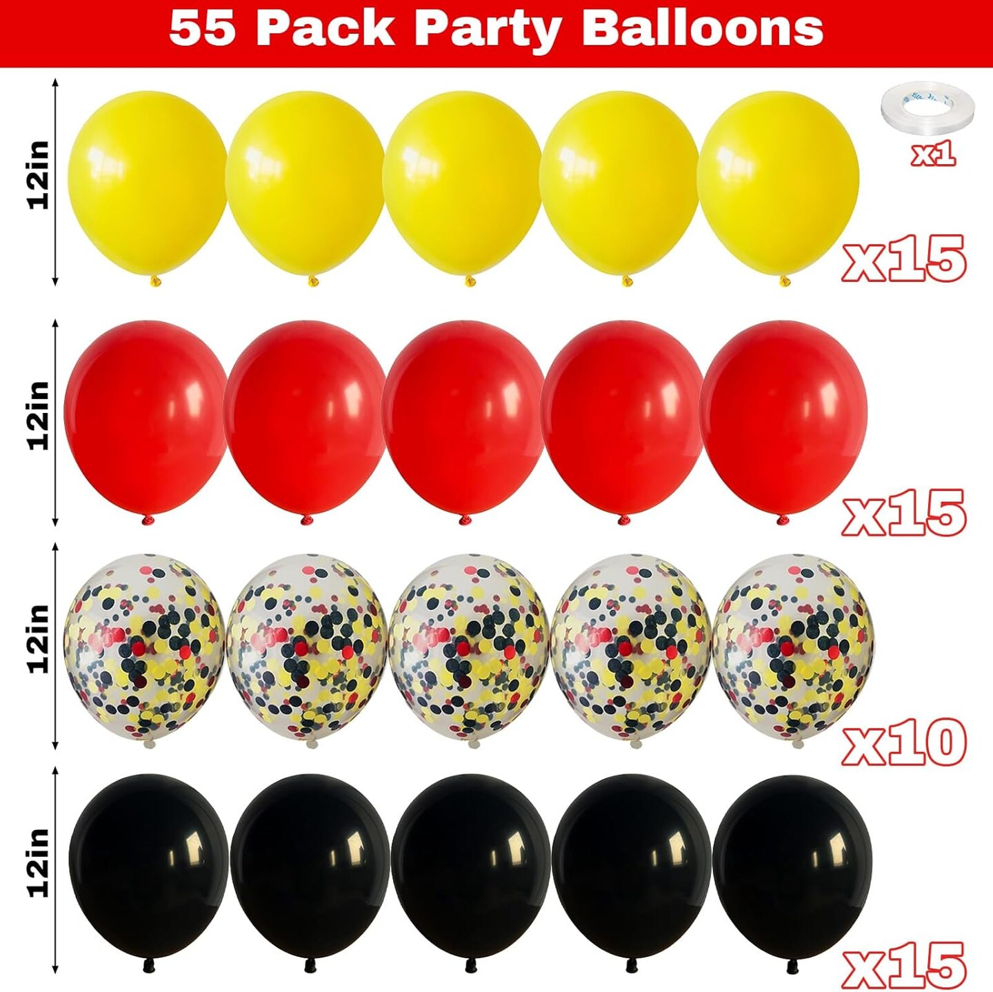 12Inch Red Yellow Black Balloons, Mouse Color Helium Party Balloon Yellow Red Black Latex Balloons with Cartoon Mouse Coffetti Balloon for Race Car Birthday Baby Shower Carnival Party Decorations