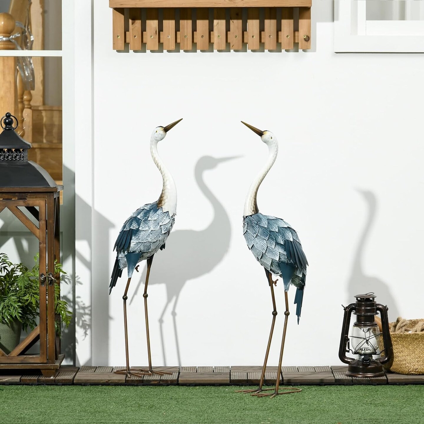 Heron Garden Statues 29&#x22; &#x26; 27.5&#x22; Metal Yard Art Blue &#x26; White Set of 2