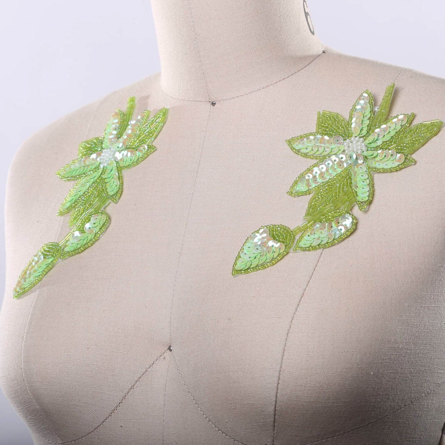 Lime Green Sequined Flower Patches Set of 2 Beaded Iron On Appliques 6 x 3.25 Inch