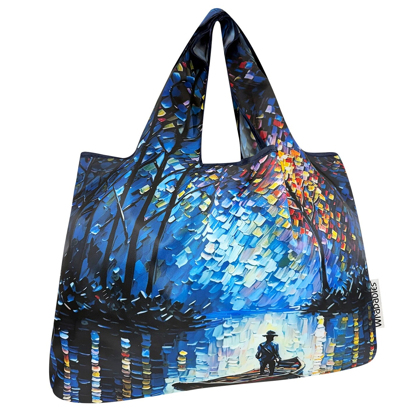 Wrapables Large Foldable Oil Painting Nylon Reusable Grocery Bag, Serene Rowboat