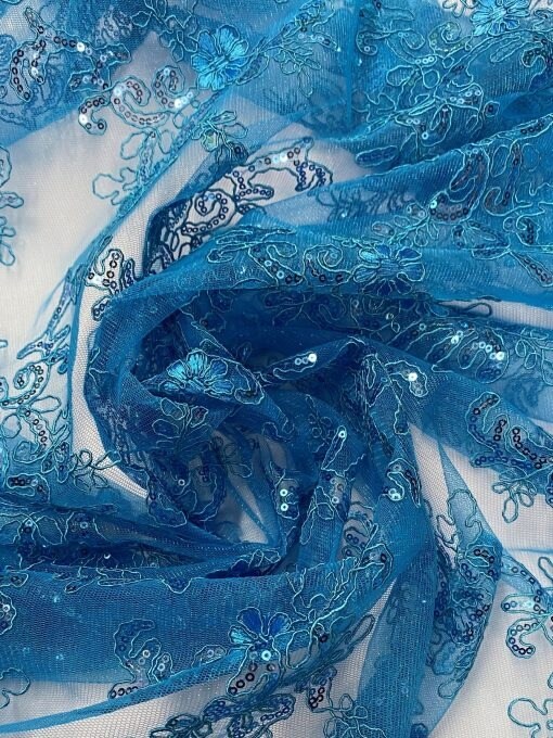 1 Yard Turquoise Sequin Embroidered Lace Fabric Corded Mesh Double Scallop Edge 54" Wide