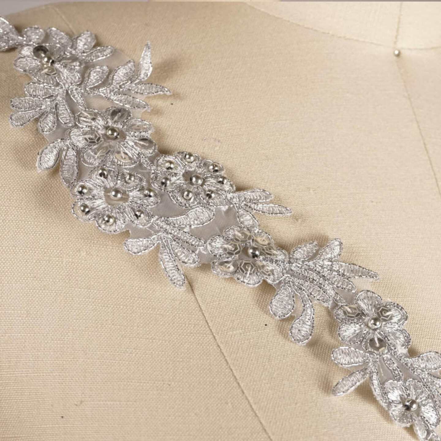 1 Pair Metallic Silver Alencon Lace Appliques with Sequins and Pearls for Gowns and Costumes