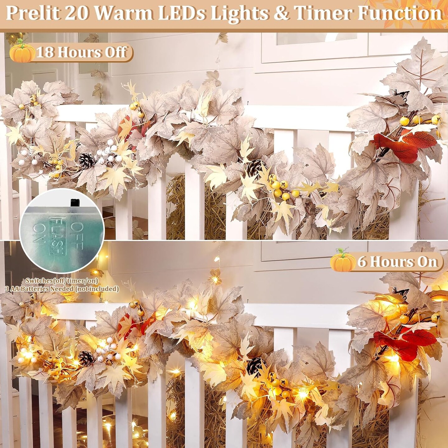 6FT Fall Thanksgiving Garland with Timer – Maple Leaf, Berries & Pinecones, 20 LED Autumn String Lights for Table, Fireplace, Wedding, Halloween & Christmas Decor (Beige)