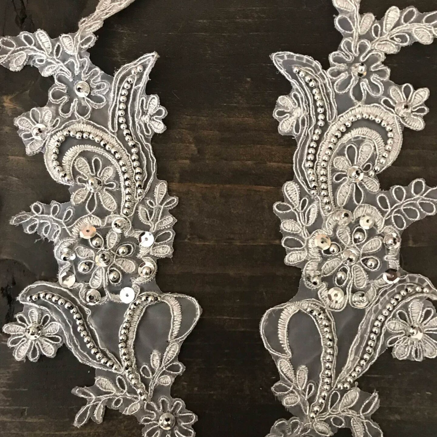 Metallic Gray Alencon Lace Applique Pair with Silver Pearls and Sequins