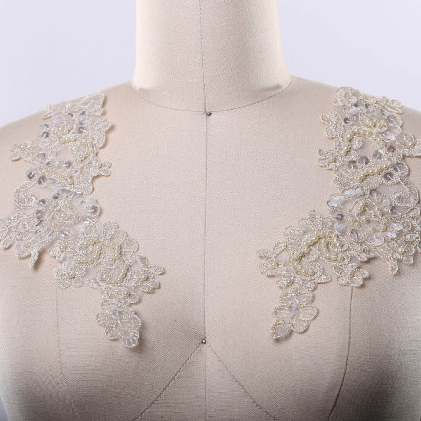 Champagne Gold Beige Lace Patches Set of 2 Beaded Sequined Antique Appliques 9 x 3 Inch