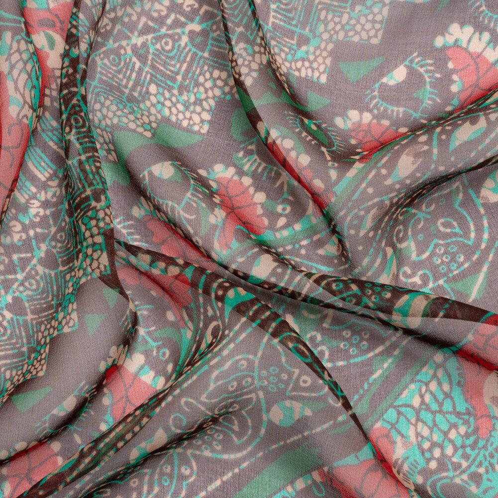 1 Yard Chocolate Berry Turquoise Floral Geometric Diagonal Stripes Silk Chiffon, 54 Inches Wide