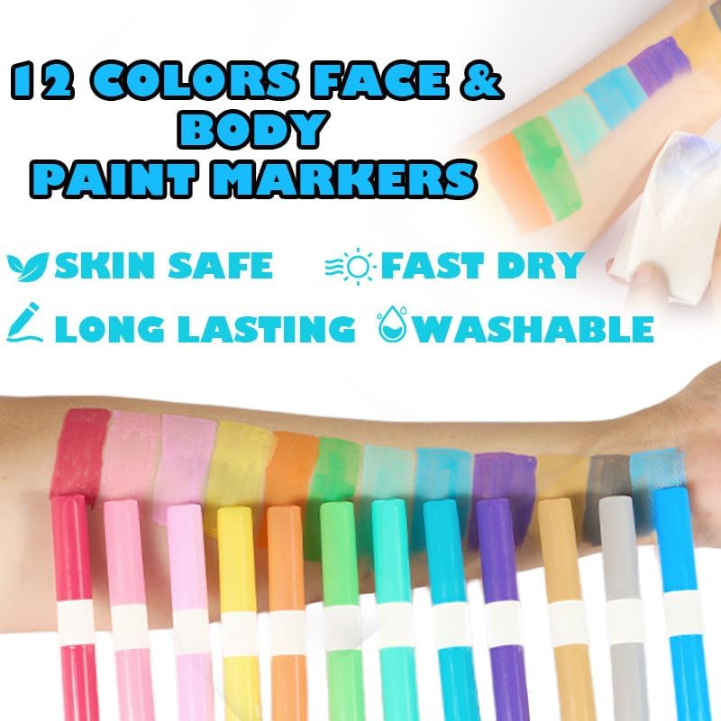 12 Colors Face Paint Markers(12 Colors Face Paint Markers + 40 Stencils + 200 Gems)
