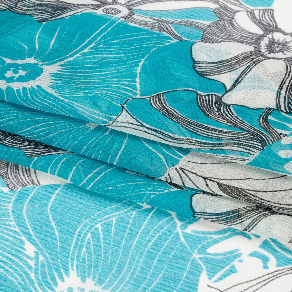 1 Yard Turquoise, Black and White Tropical Floral Crinkled Silk Chiffon Fabric 54 Inch Width