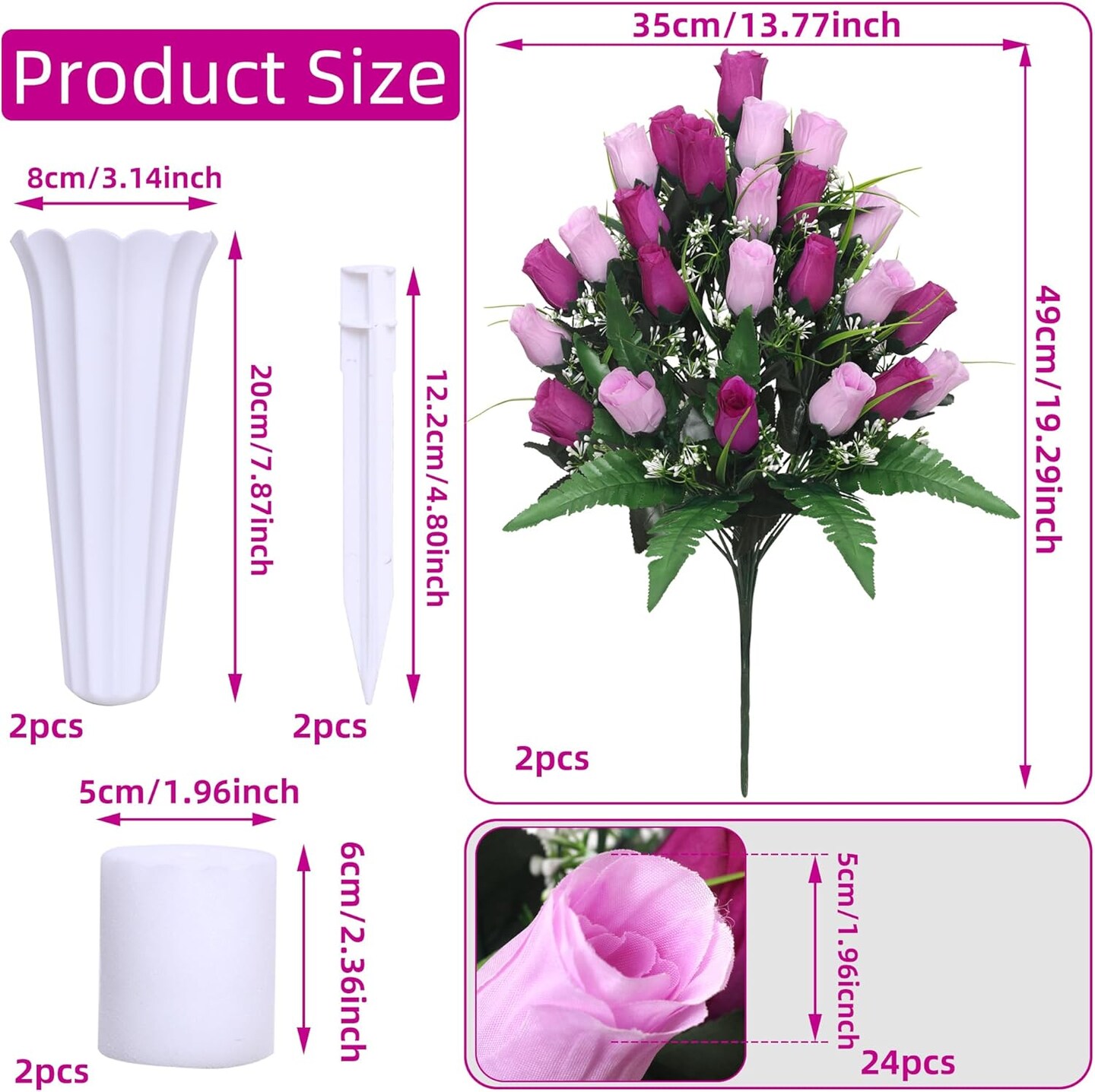Artificial Cemetery & Memorial Flowers with Vase – Purple Silk Rose Gravesite Bouquet, Outdoor All-Weather Grave Decoration, Long-Lasting Memorial Arrangement (2 Bouquets)