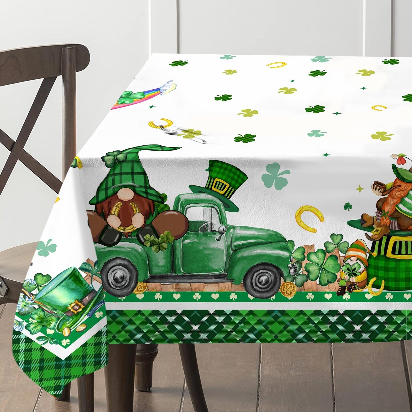 St Patricks Day Tablecloth Rectangle 60 x 84 Inch, Green Shamrocks St Patrick's Table Cloth Gnome Truck Cover for Party Home Dinner Decor