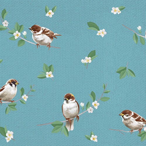 Fabric Blank Quilting Light Blue Birds on Branches by the Quarter Yard 3914-75